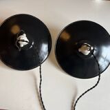 Pair of black and white sheet metal pendant lights, ceramic sockets