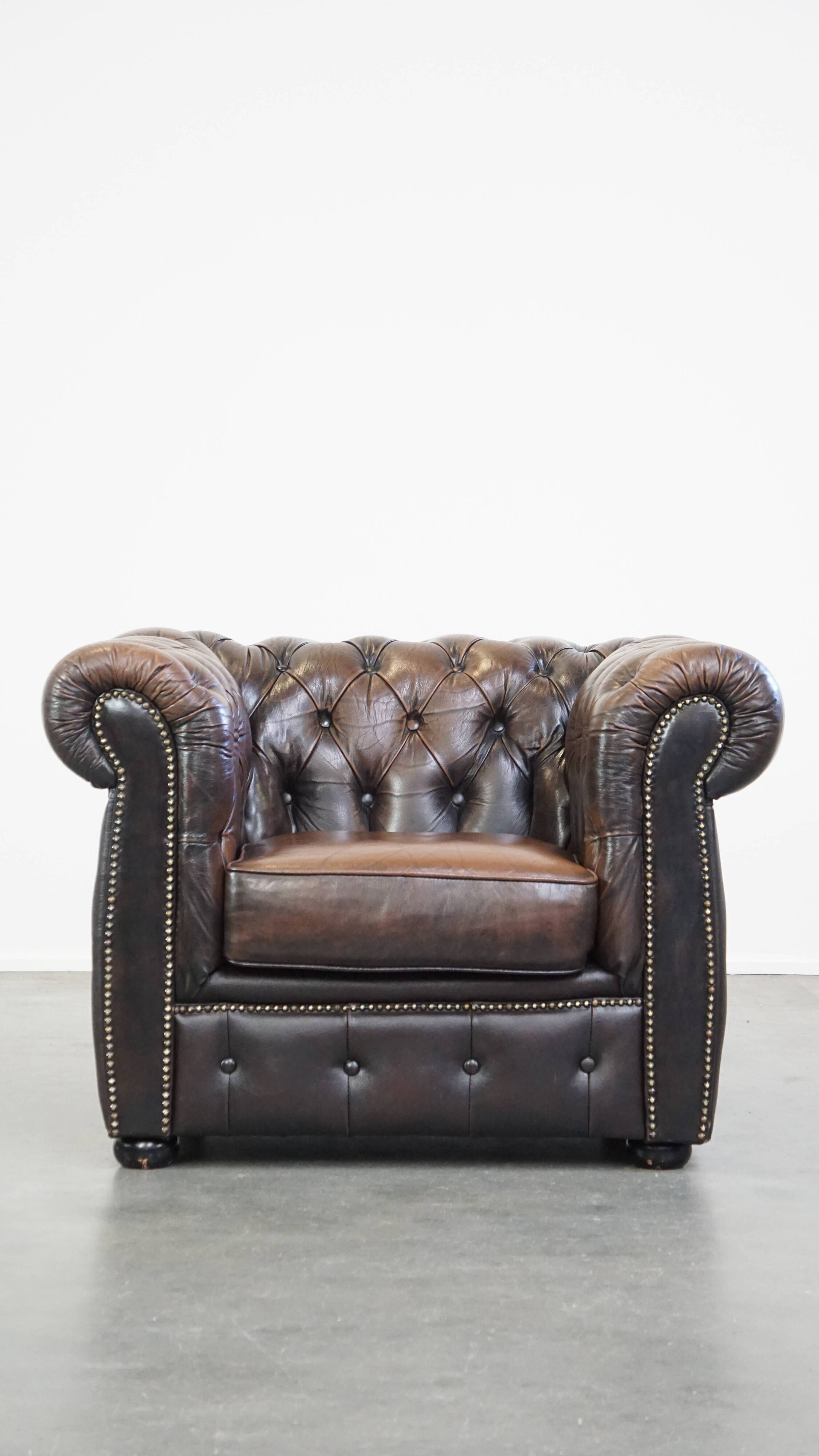 English Chesterfield armchair in sheepskin