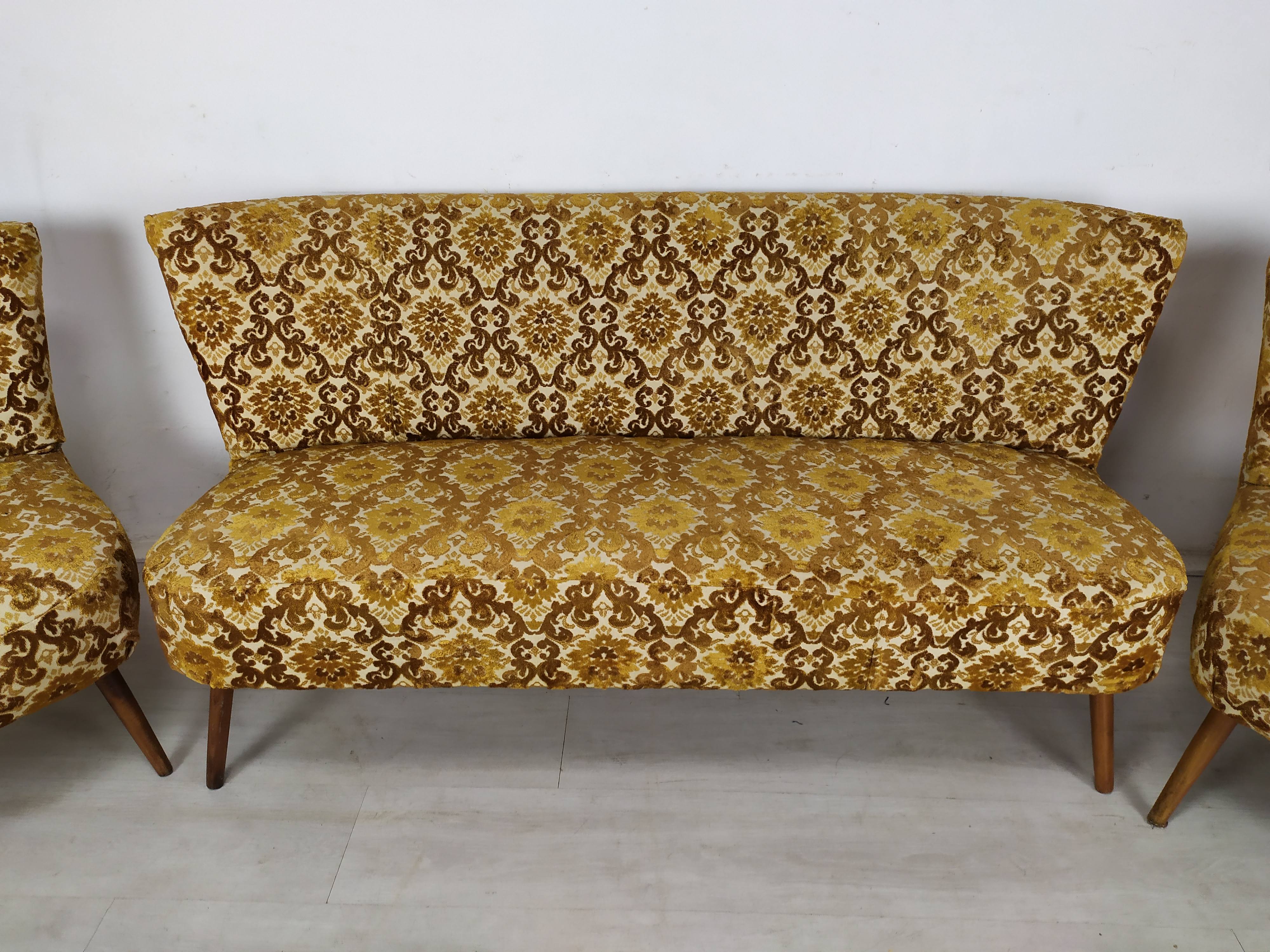 Bench and 2 vintage cocktail armchairs