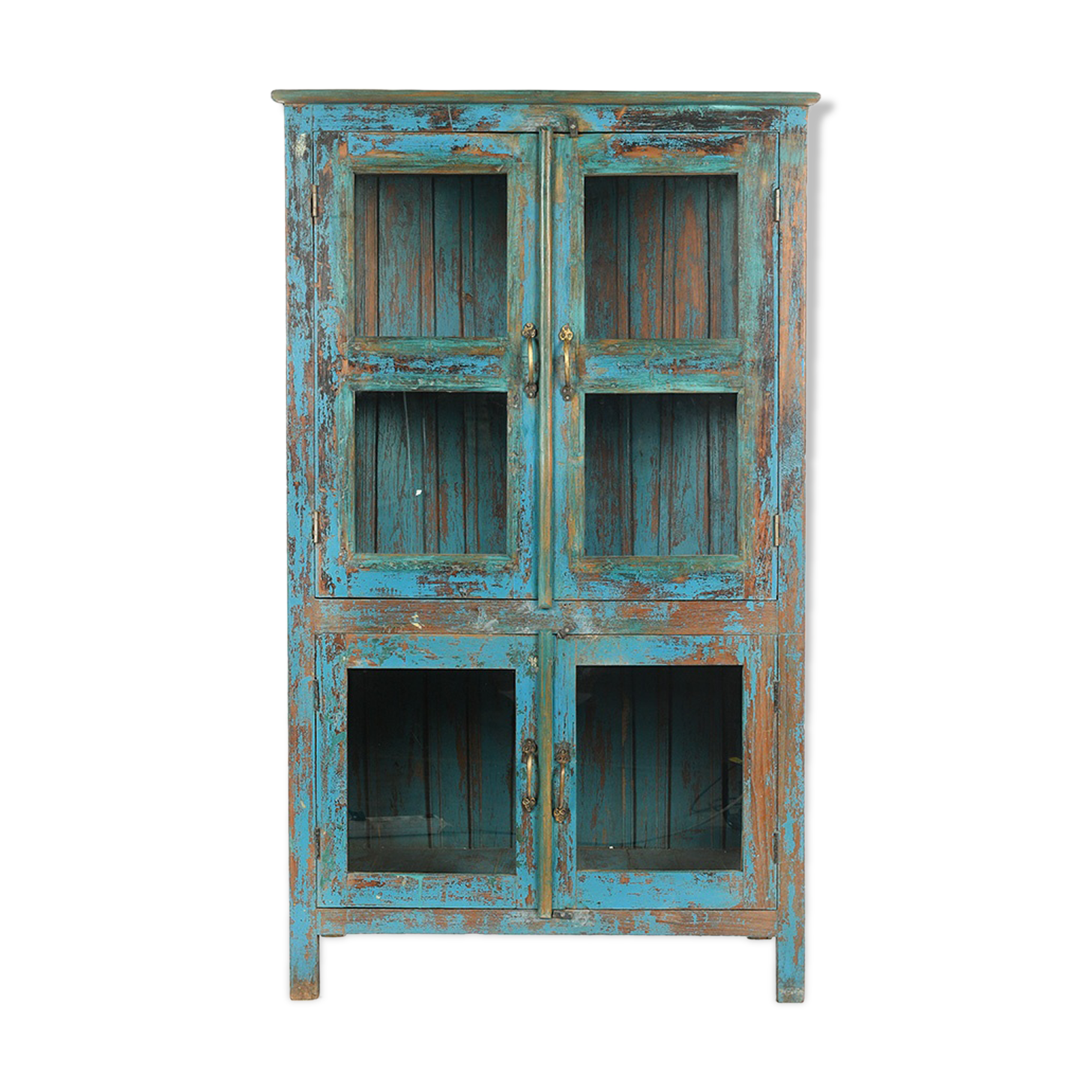 Wooden glass cabinet with blue patina