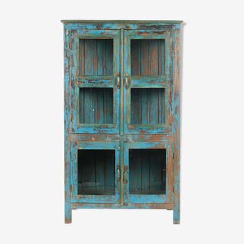 Wooden glass cabinet with blue patina