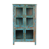 Wooden glass cabinet with blue patina