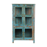 Wooden glass cabinet with blue patina