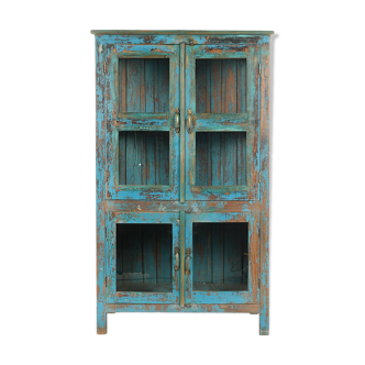 Wooden glass cabinet with blue patina