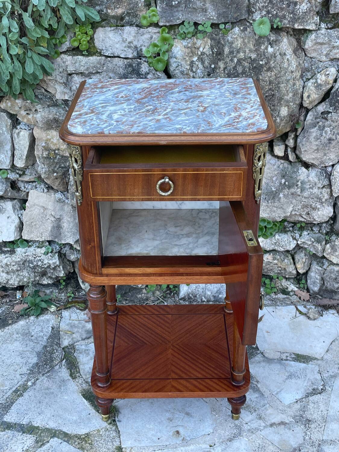 Bedside table in wood marquetry from the 19th century