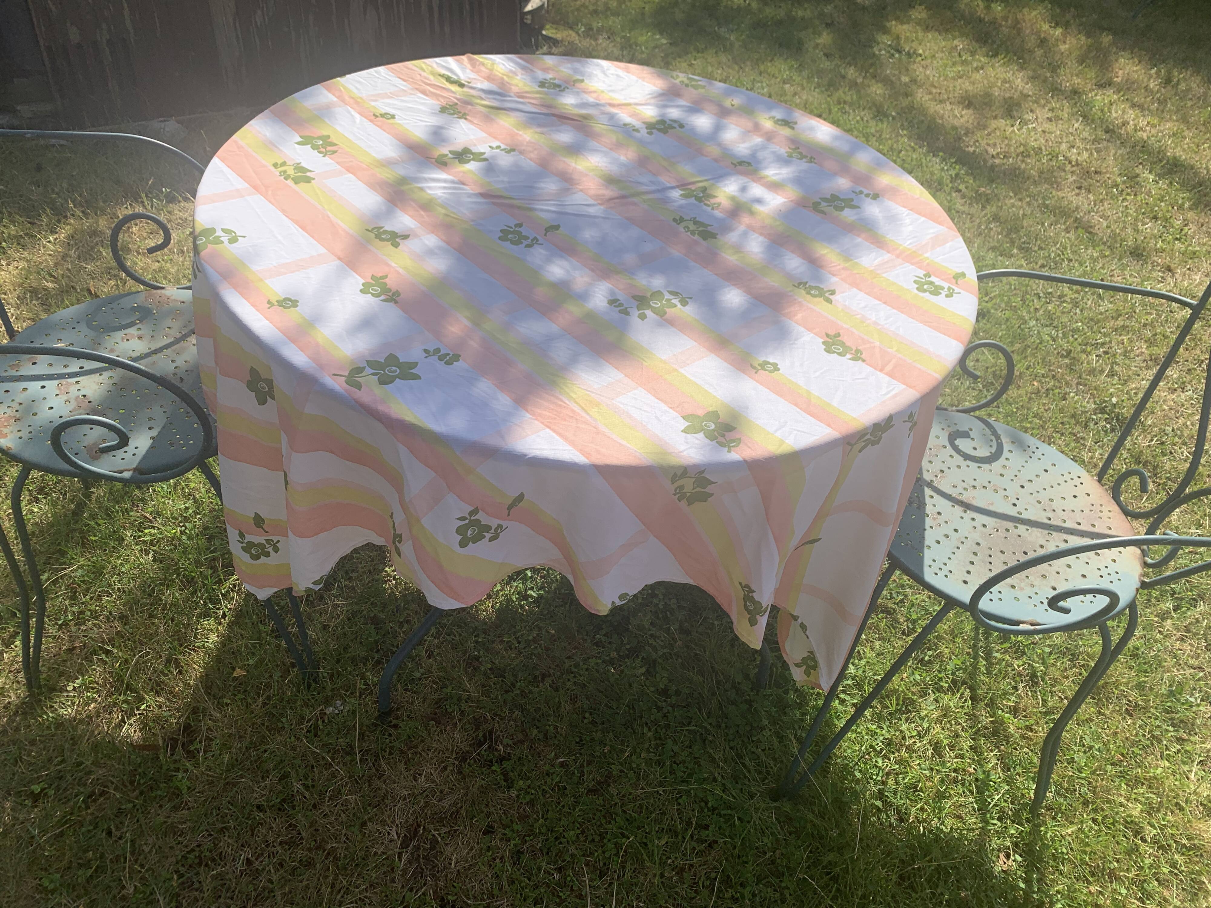 Tergal tablecloth with orange stripes and vintage khaki flowers 1970