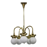 1930s Czechoslovak Art Deco brass chandelier with five opaline glass globes