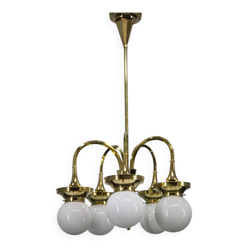 1930s Czechoslovak Art Deco brass chandelier with five opaline glass globes