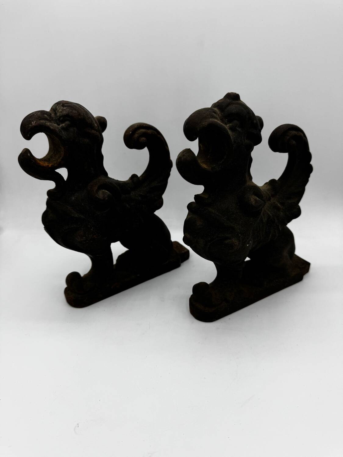Pair of winged chimera and dragon fire dogs in cast iron