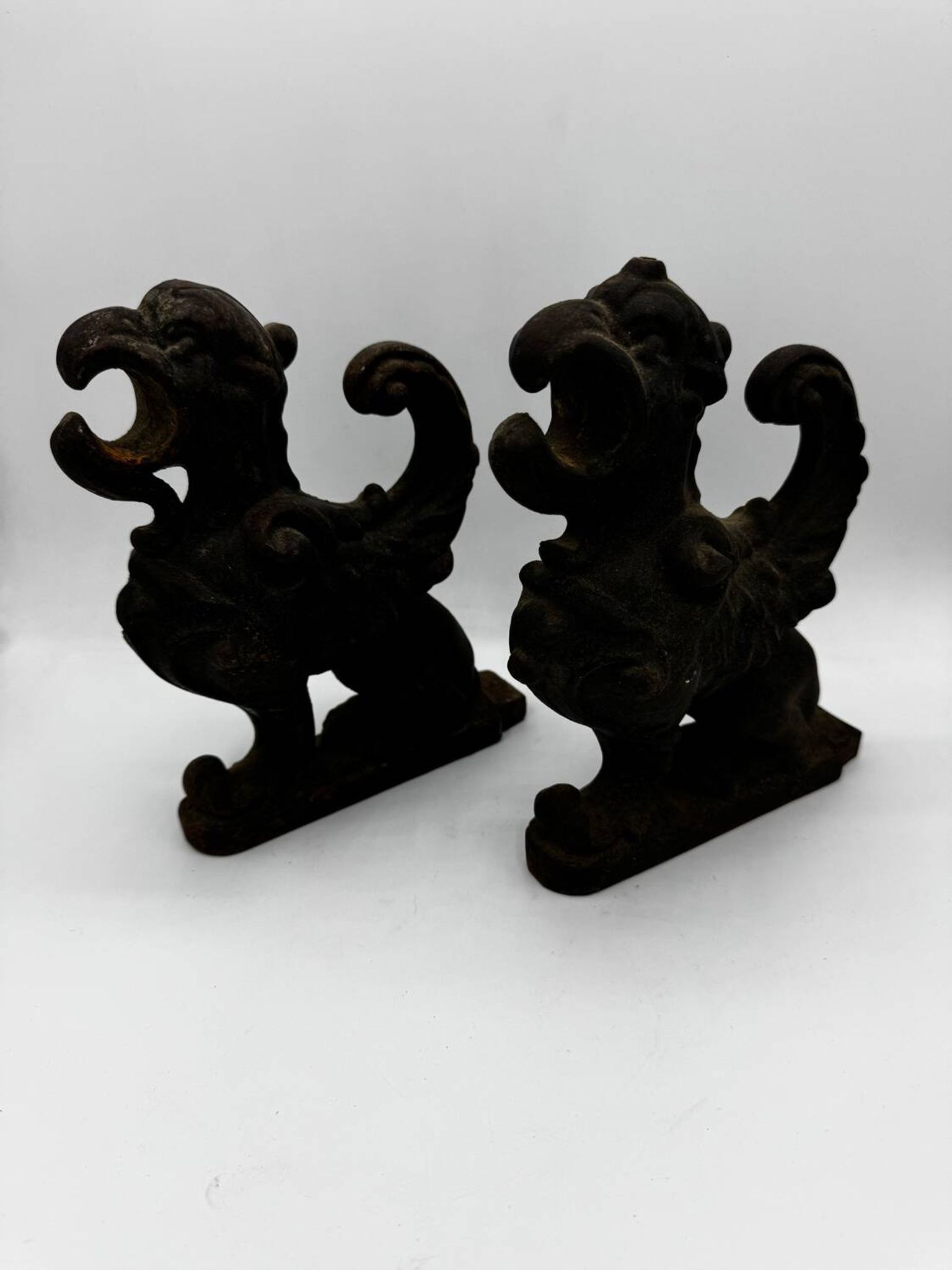 Pair of winged chimera and dragon fire dogs in cast iron