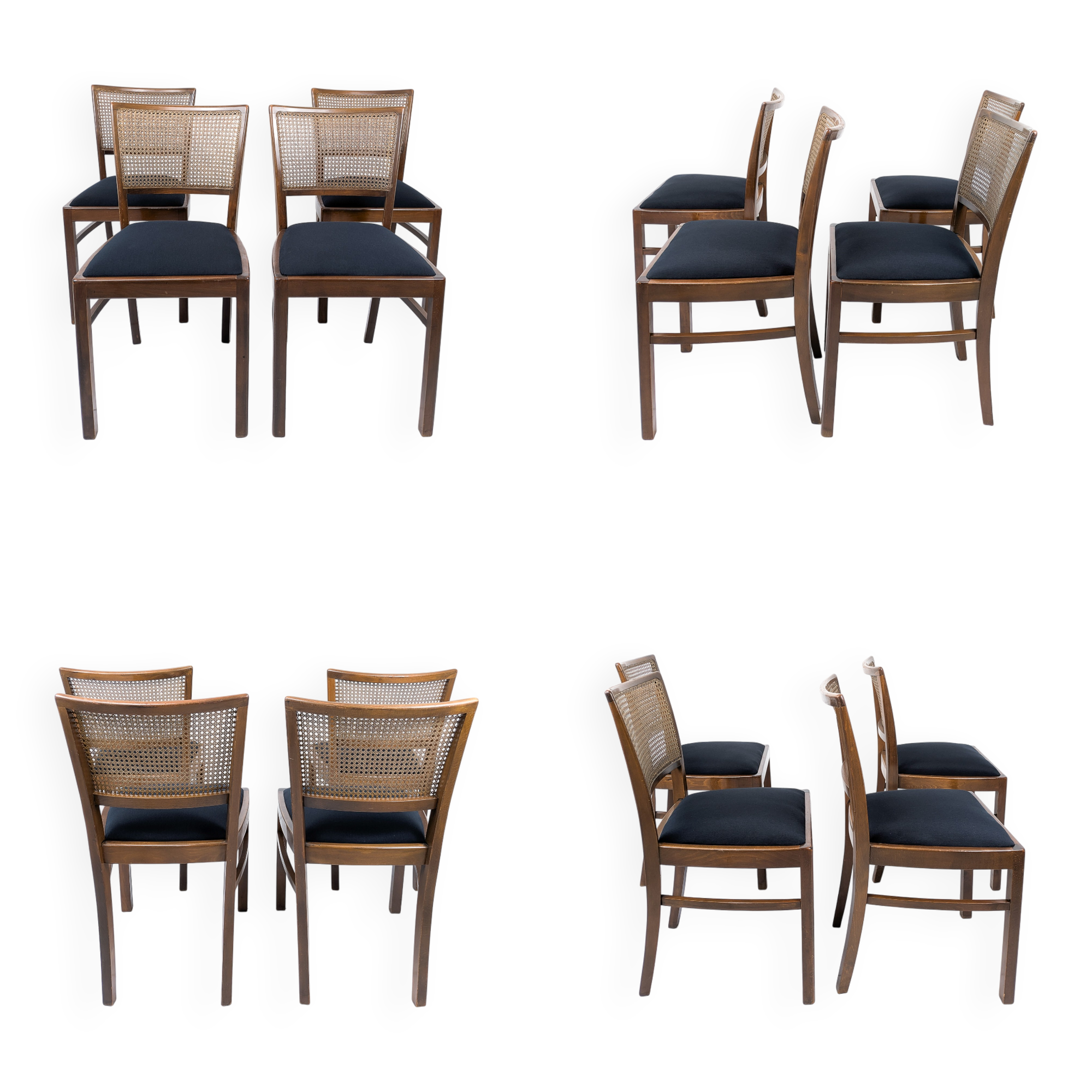Lot de 4 chaises vintage en bois, cannage viennois et assise noire