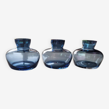 3 blue glass vases