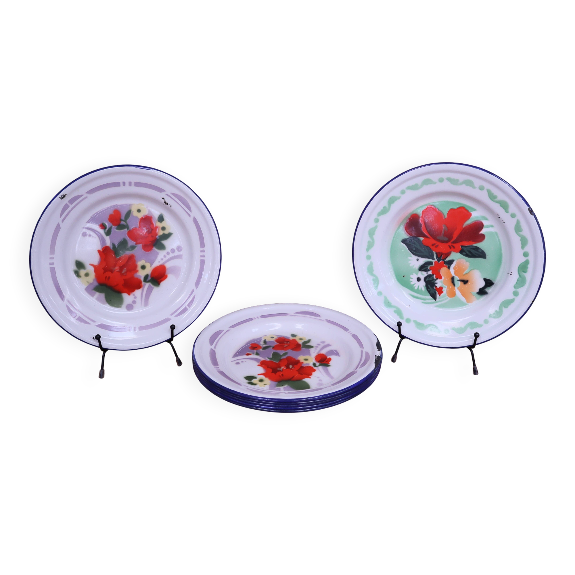 7 printed floral enamel plates "bon voyage" Made in China