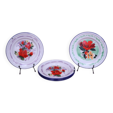 7 printed floral enamel plates "bon voyage" Made in China