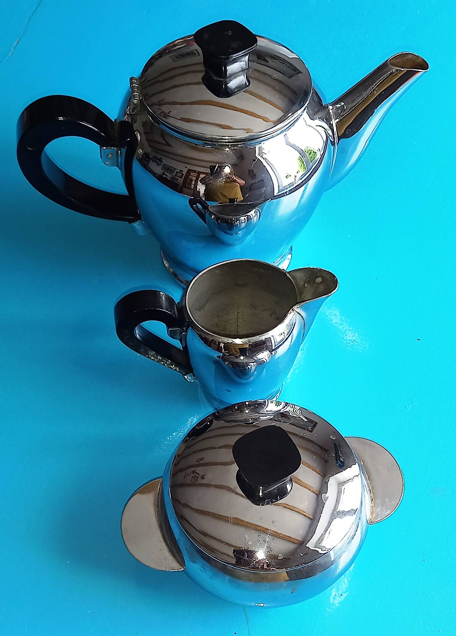 Baumlin nickel chrome 3-piece service - coffee/tea maker, milk jug, sugar bowl