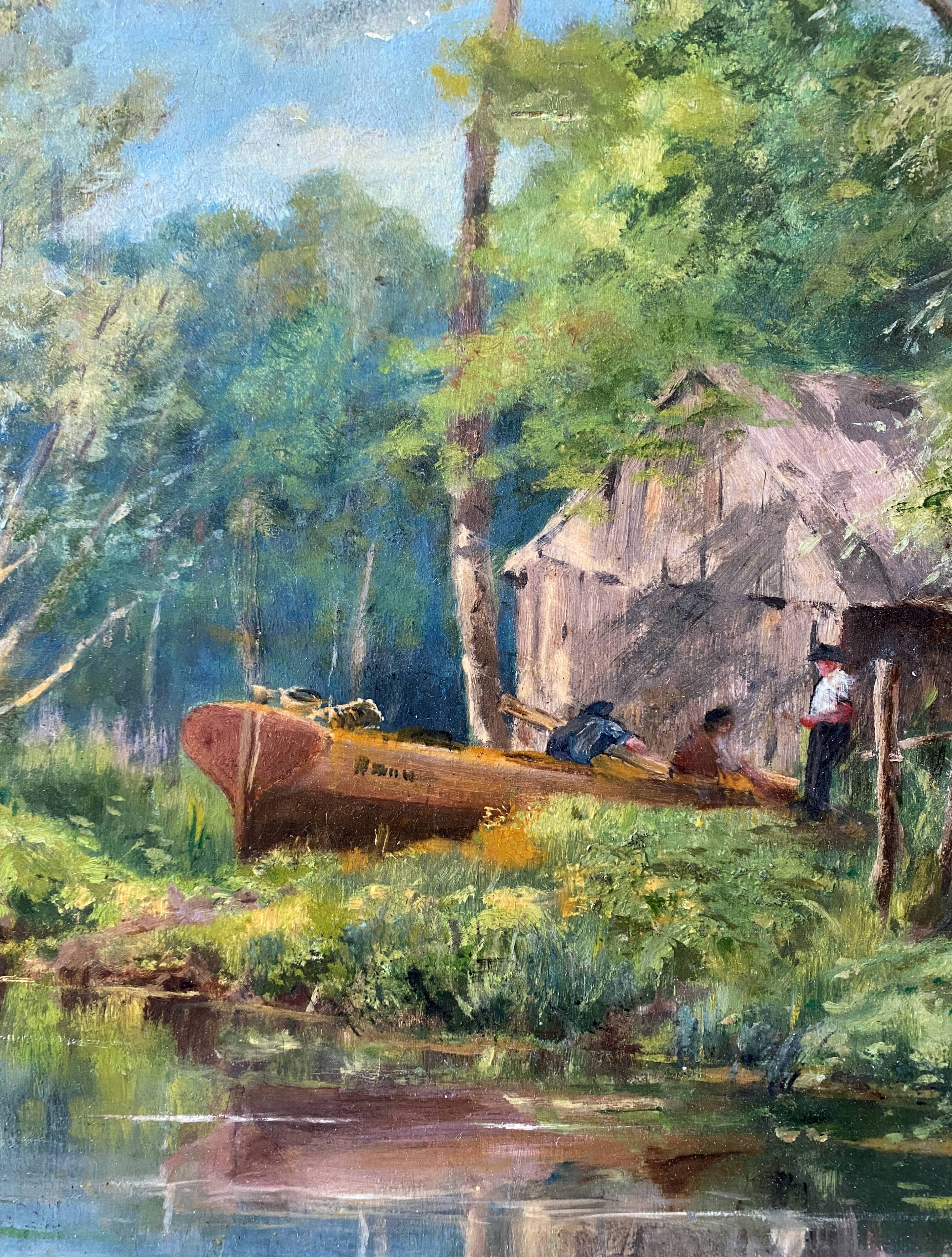 HSP 1917 painting signed Romezin "Cabin by the water" + frame