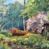 HSP 1917 painting signed Romezin "Cabin by the water" + frame