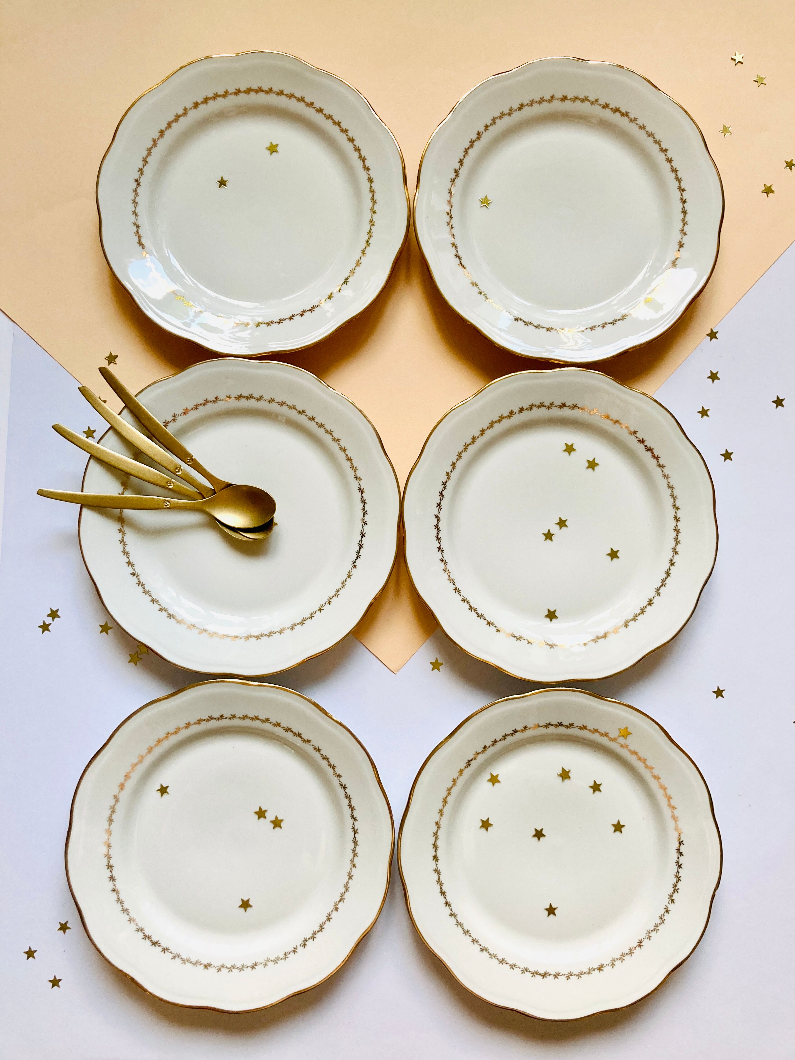 Lot 6/12 small plates - white porcelain - gold- ser - vintage -retro