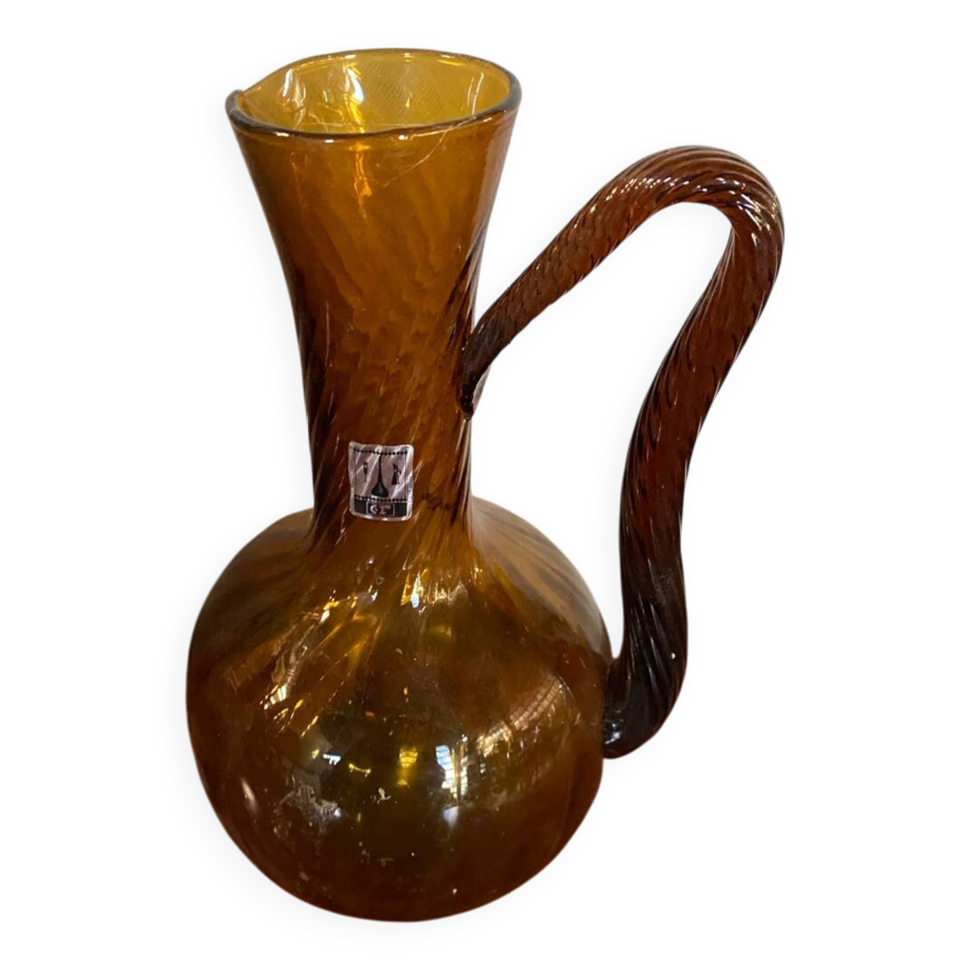 Antique Carafe CF Blown Glass Orange Amber Vintage #B842