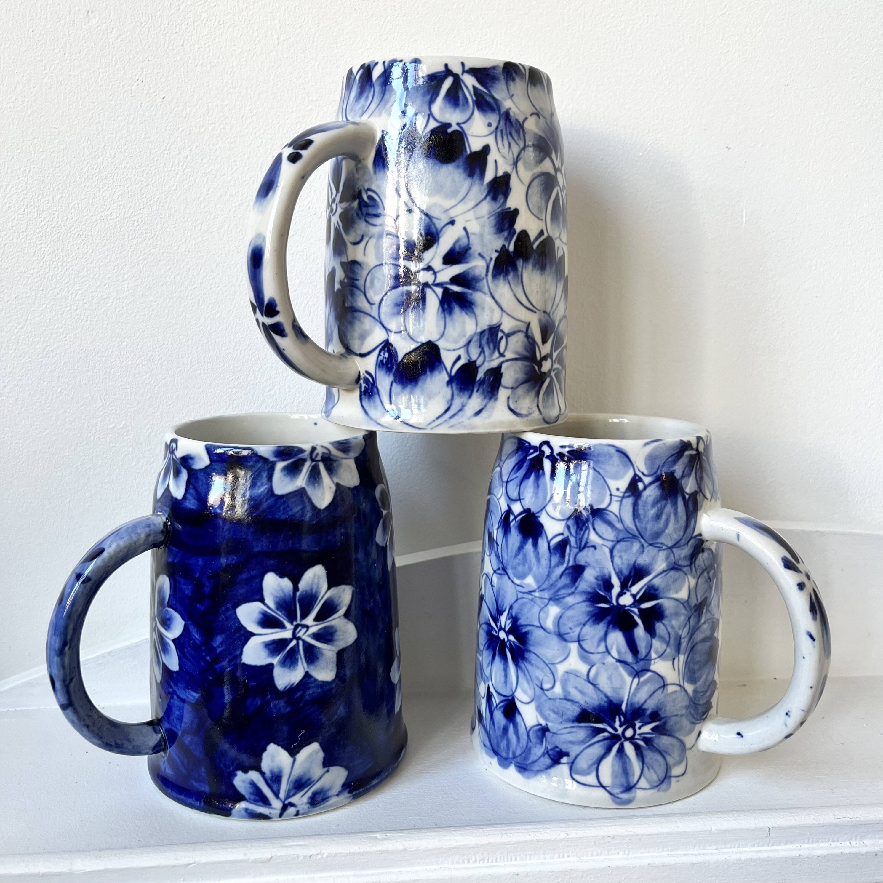 Blue flowered mugs or large tankards