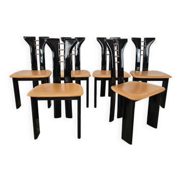 Set of 6 Pierre Cardin chairs in black lacquered wood, 1970.
