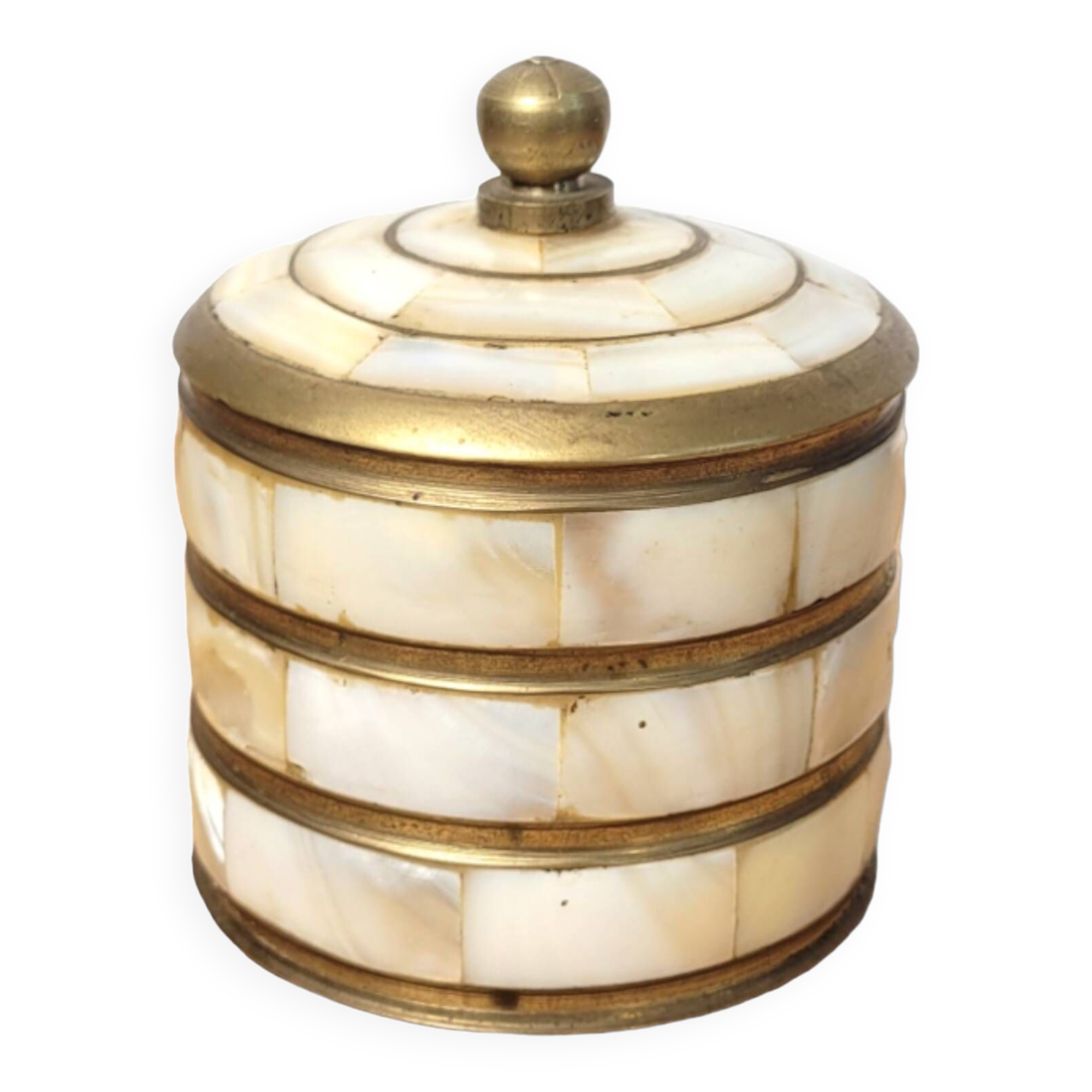 Small round box in mother-of-pearl and brass