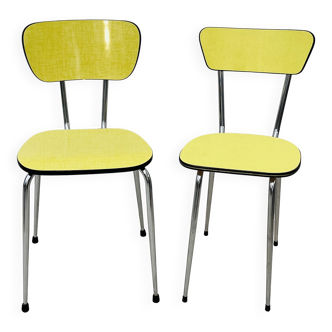 Pair of vintage yellow chrome Formica kitchen chairs.