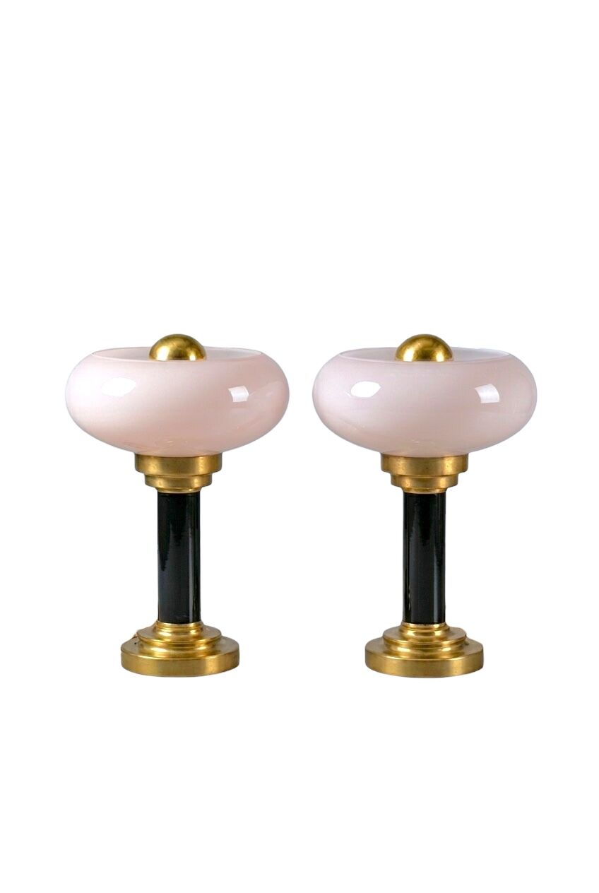 Pair of Art Deco table lamps • Antique glass & Patinated brass