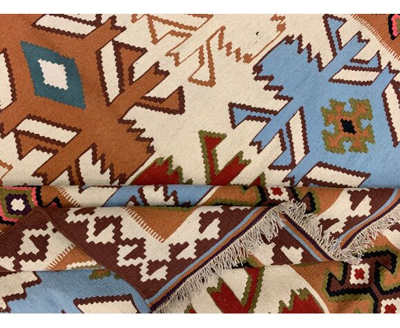 Cream Wool Turkish Kilim Handwoven, Tribal Pattern Wool Area Rug