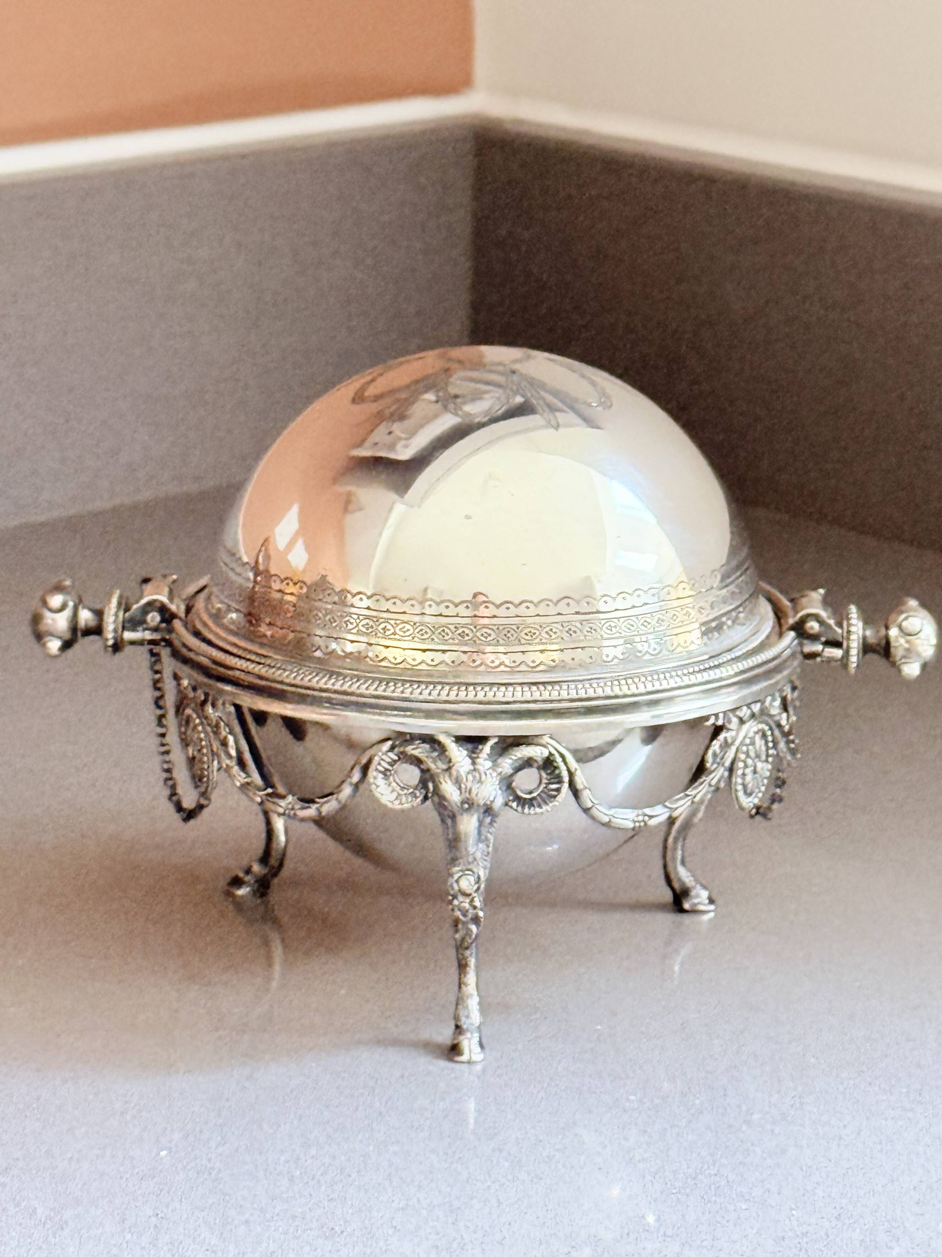 Antique English Silver-Plated Roll-Top Caviar Dish with Ram’s-Head Decoration
