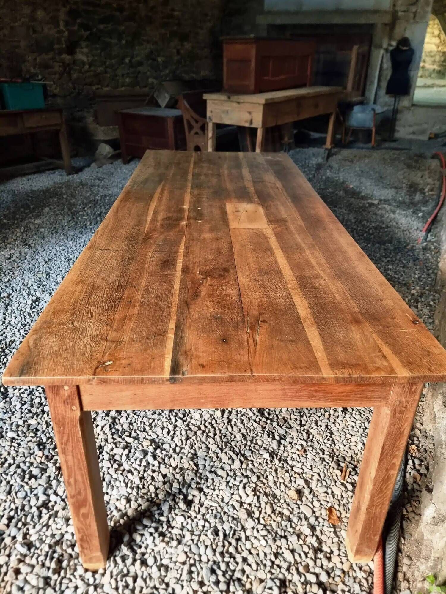 Antique French oak dining table, early 1900s - large farmhouse table for 12 people