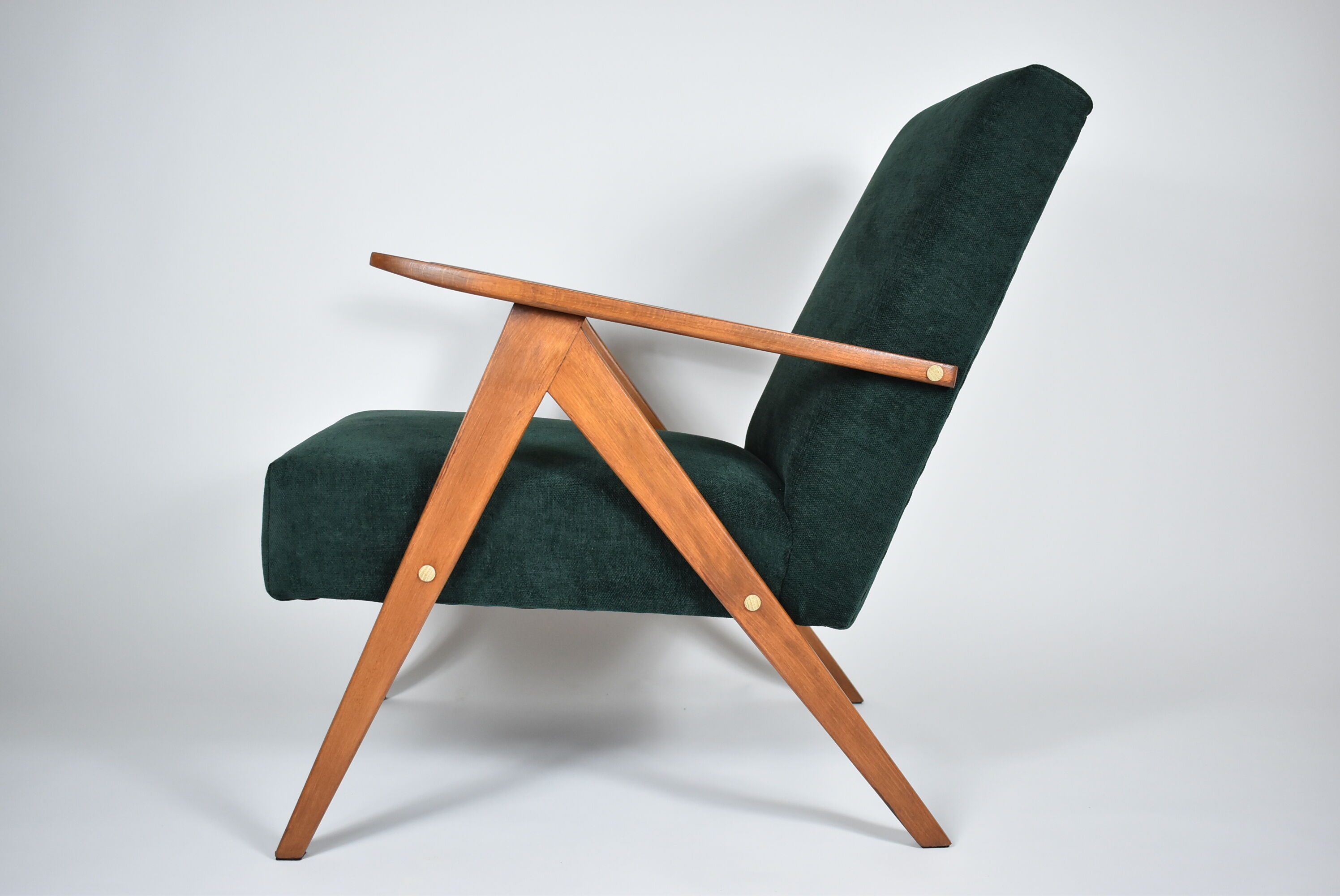 Restored compas armchair, green forest fabric, teak wood, 1960