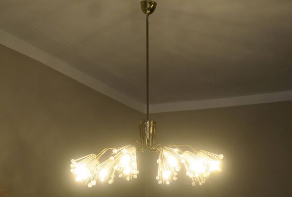Chandelier elliptique en laiton et en verre à 10 bras, années 1950