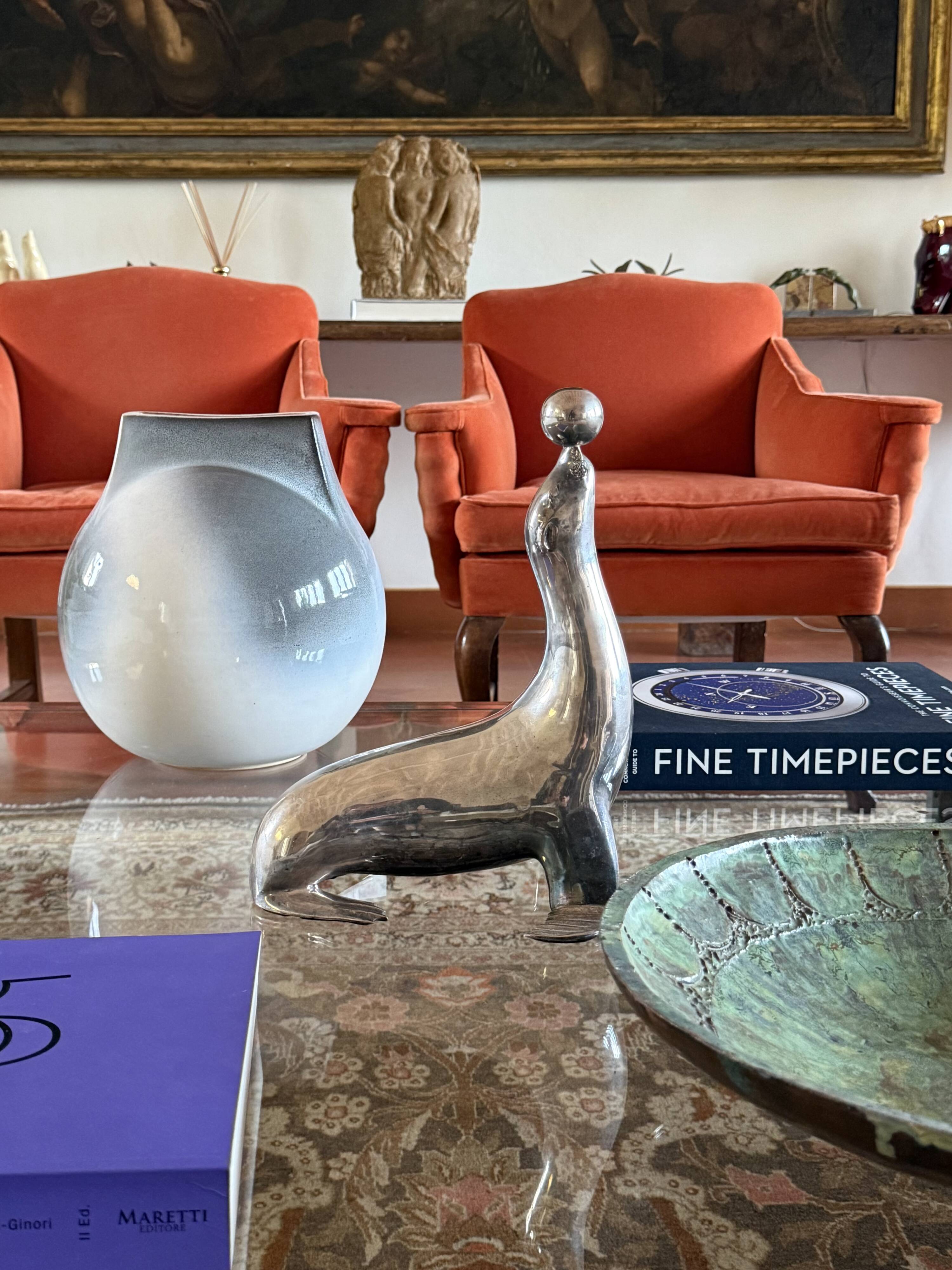 Art deco silverplated brass Seal sculpture, France 1940s