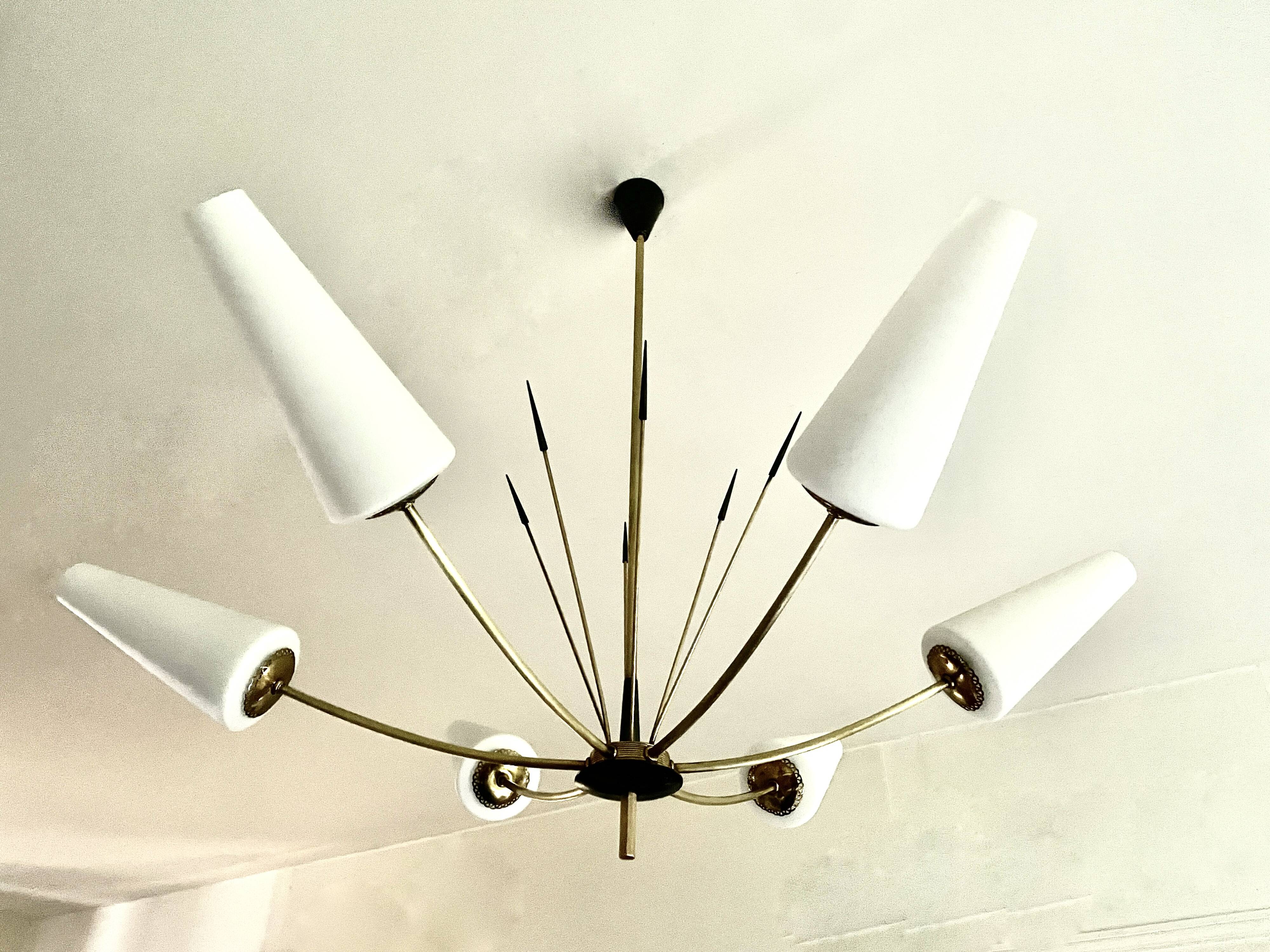 Large chandelier with 6 opaline tulip shades and 6 anthracite points, 1950
