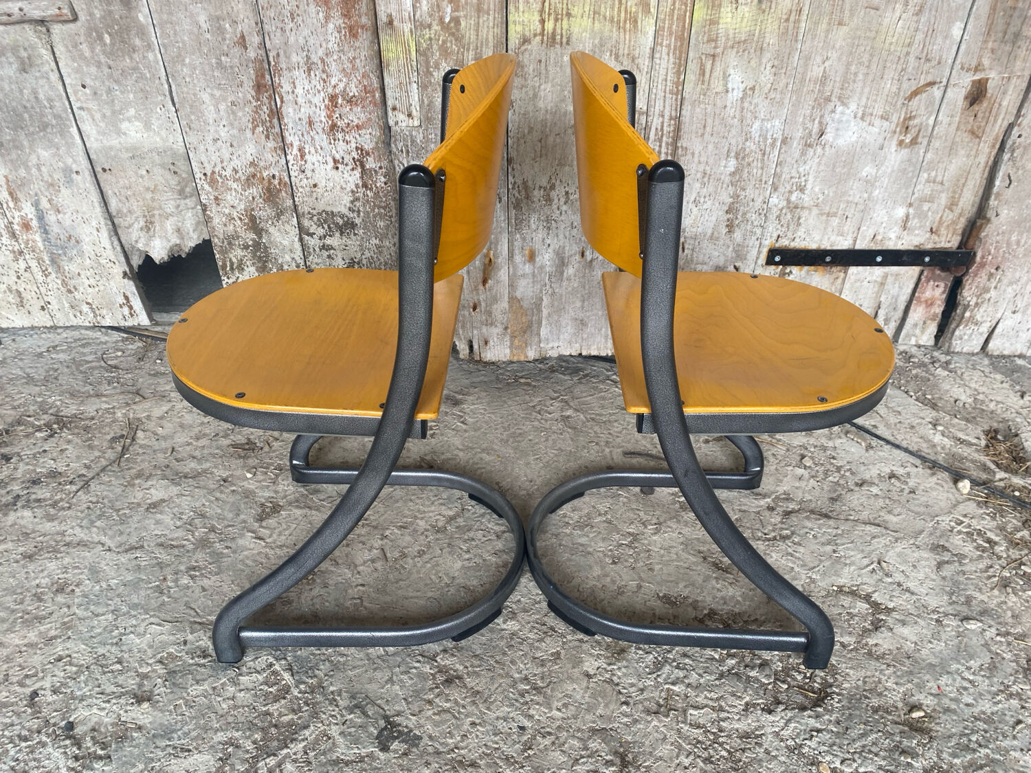 Pair of Chairs SOUVIGNET Model ELODIE Grey Metal & Wood Made in France