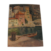 Oil on cardboard painting - Port of Villefranche sur Mer 1938