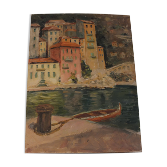 Oil on cardboard painting - Port of Villefranche sur Mer 1938