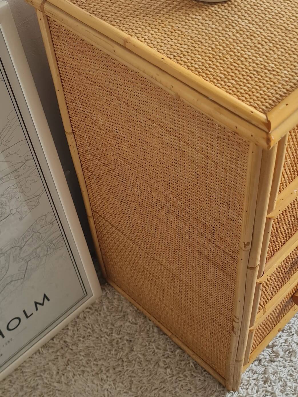 Vintage rattan chest of drawers from the 1970s.