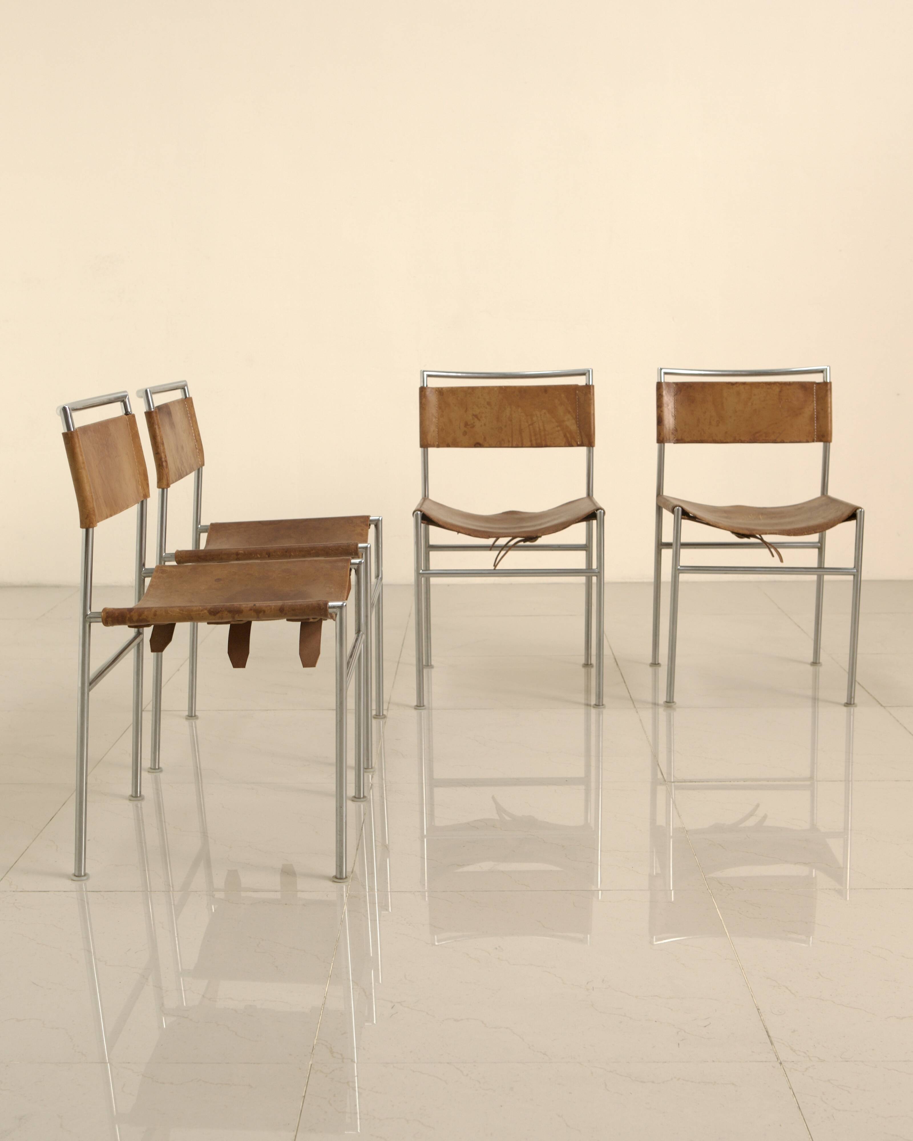 Set of 4 cognac leather chairs DLG Martin Visser 60's