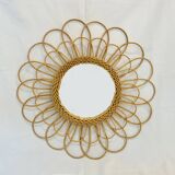 Round mirror flower sun in rattan wicker wood vintage 1960 1970 55 cm folk