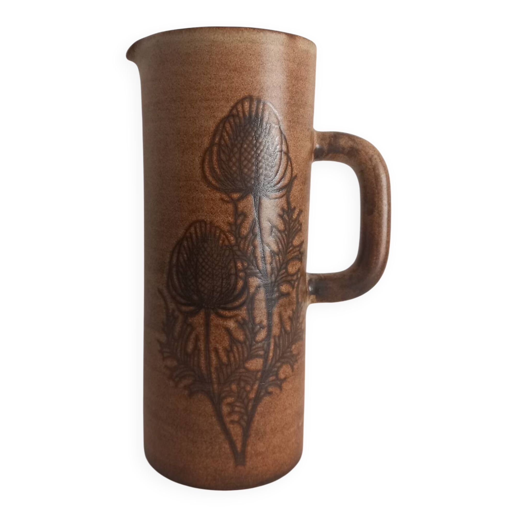Pichet, vintage stoneware vase from Vallauris – Fonck & Matéo, thistle decoration from the 1970s.
