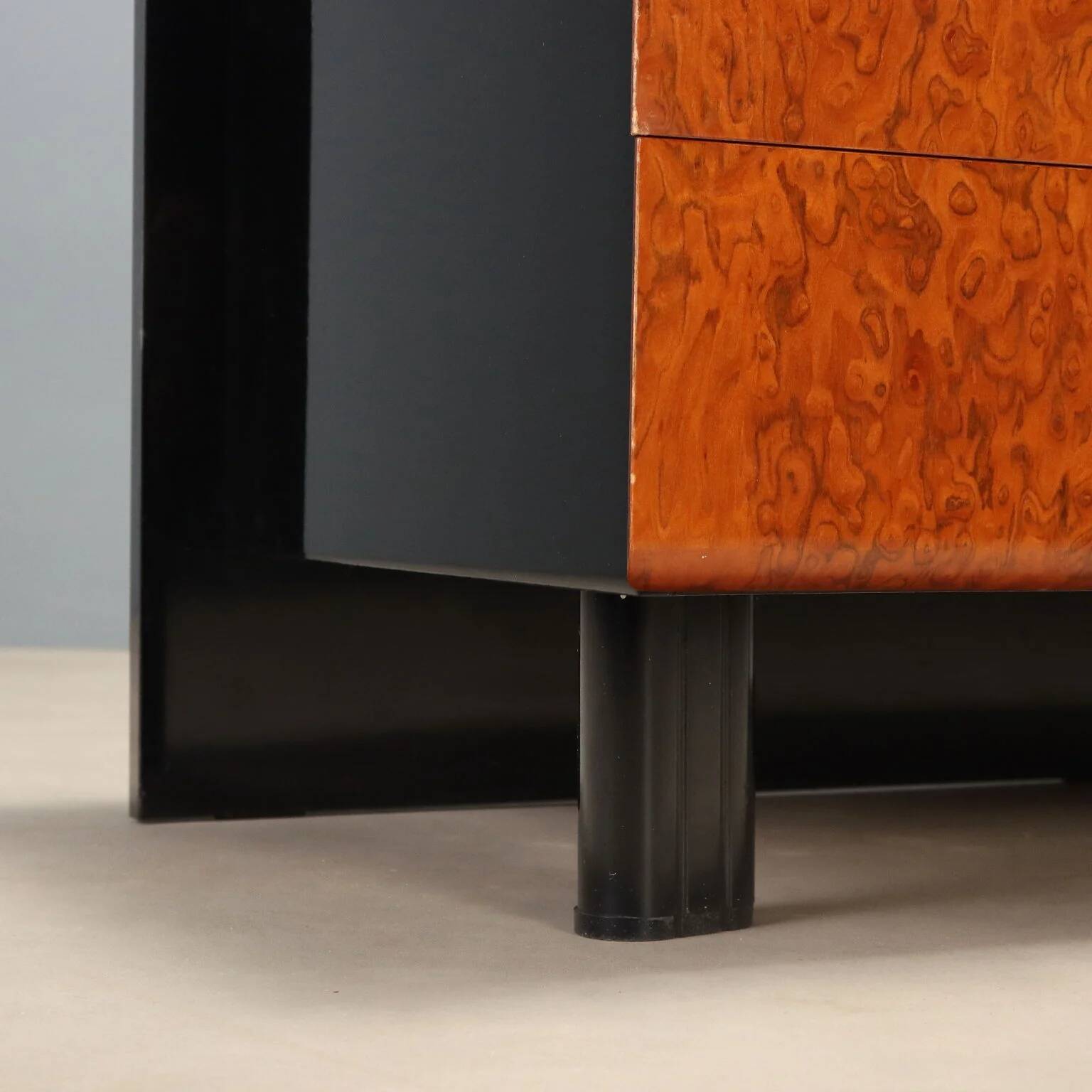 1980s lacquered wood and burl commode