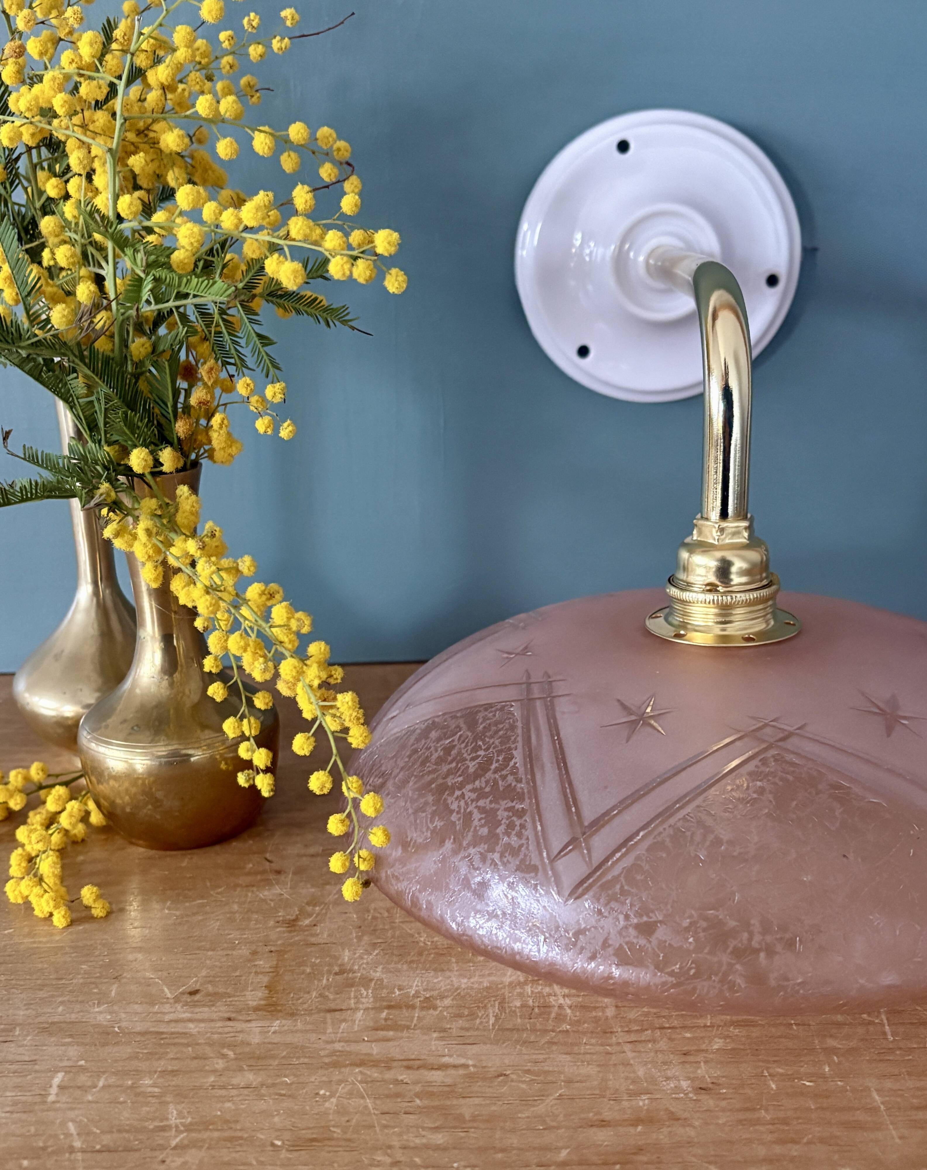 Vintage pink frosted glass wall lamp with elbow arm