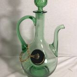 Ancien rafraîchissoir carafe verseuse en verre soufflé vert avec bouchon vintage