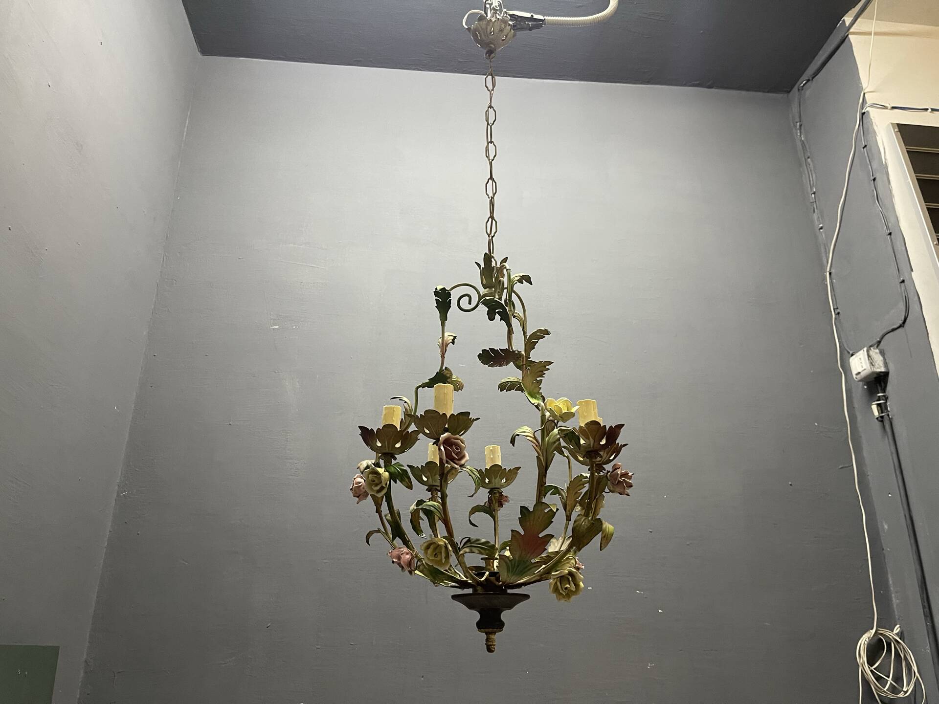 Tole Ceramic Flower Italian Chandelier 1960’s 