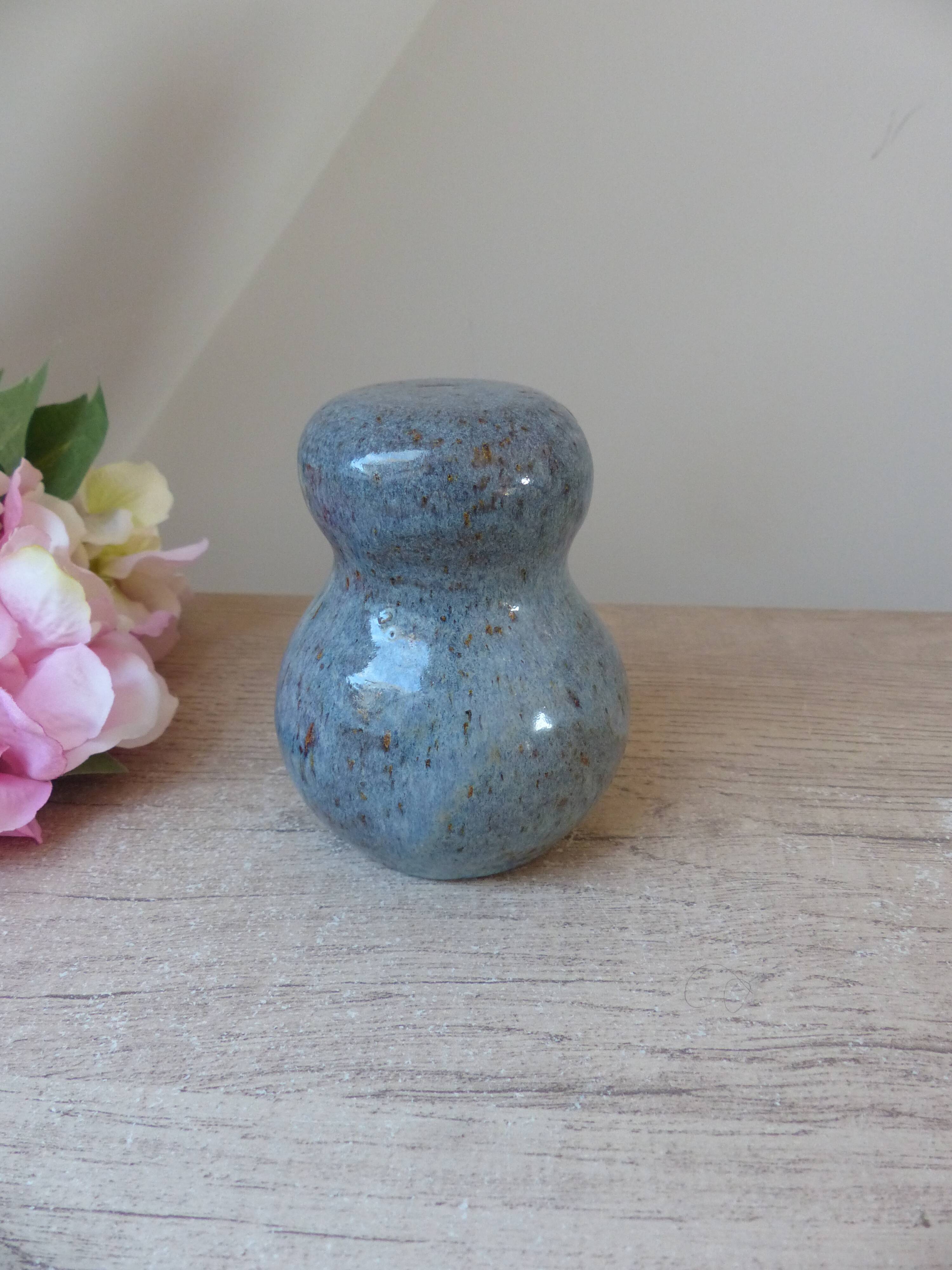 Owl figurine in blue sandstone ceramic, zoomorphic owl in vintage pottery