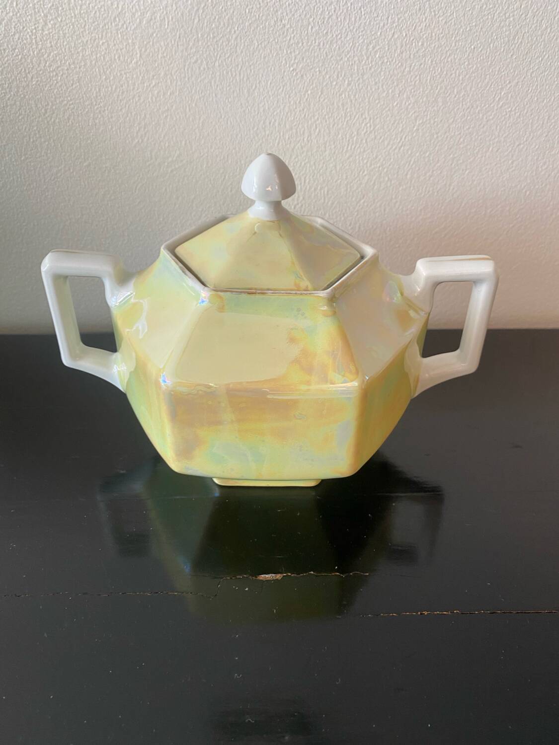 Vintage art deco sugar bowl in iridescent yellow