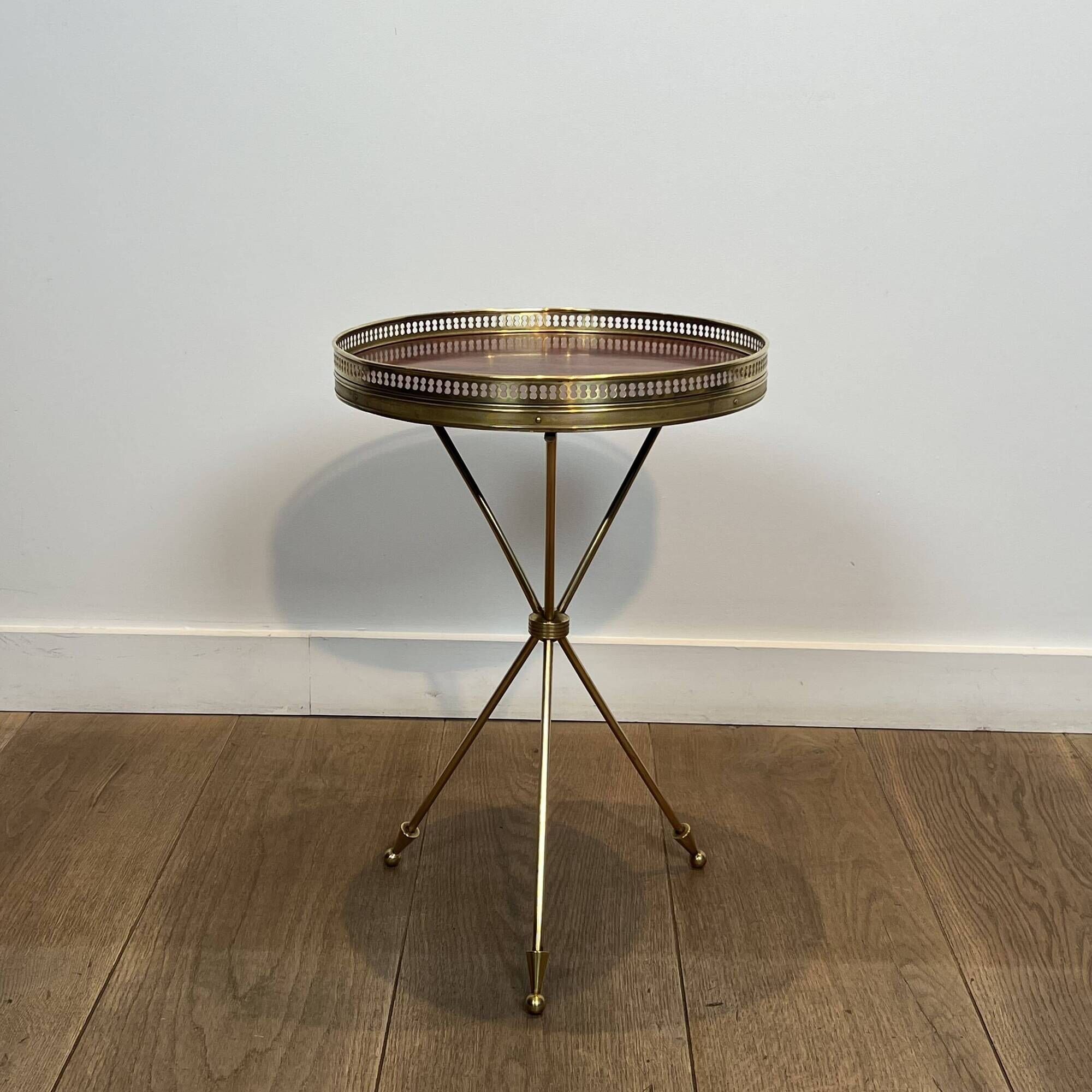 Tripod Side Table in Brass with Mahogany Top and Openwork Gallery. St. Trava