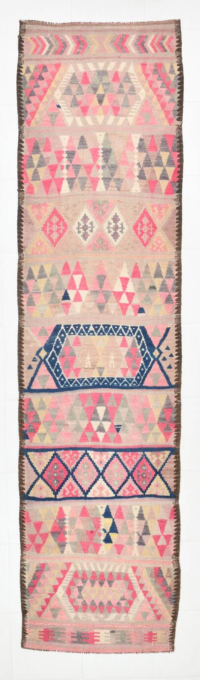 Pink & Navy Blue. Turkish Runner Rug, 90x350Cm